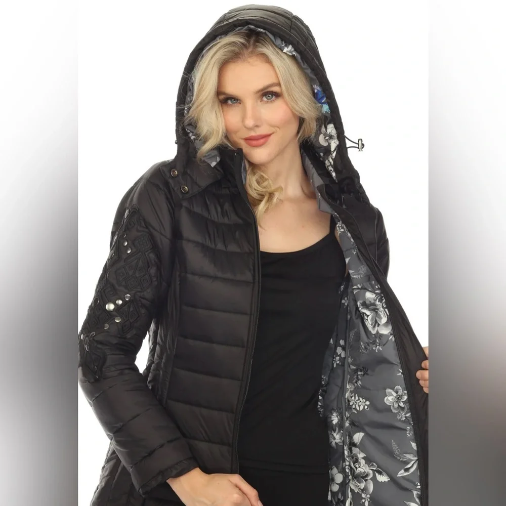 Johnny Was Black Sano Ski Zip Front Hooded Long Puffer Coat - Picture 2 of 10